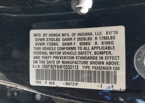 2015 Honda Civic Ex из США, поврежденный, VIN 19XFB2F84FE033113